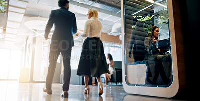 Buy stock photo Lobby, talking and business people in office walking for collaboration, teamwork and discussion. Professional, corporate and men and women in meeting with cubicle for private workspace in morning