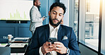 Meeting, phone and business man in office for online research, website and digital notes. Professional, corporate and worker on smartphone typing for planning, feedback and contact on mobile app
