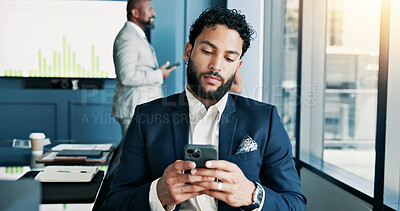 Buy stock photo Meeting, phone and business man in office for online research, website and digital notes. Professional, corporate and worker on smartphone typing for planning, feedback and contact on mobile app