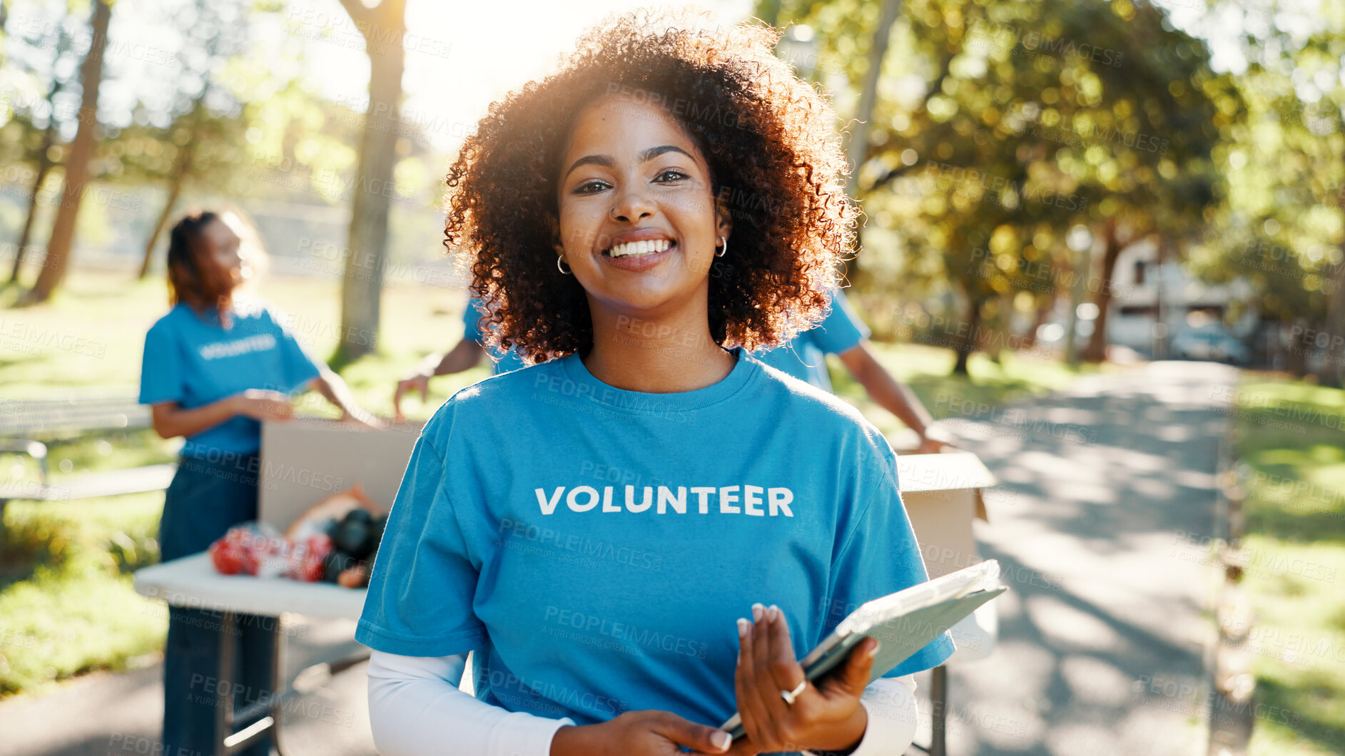 Buy stock photo Nature, woman and portrait of volunteer with tablet for checking food drive donation list. Confident, outdoor and female NGO worker with digital technology in park for nonprofit or charity event.