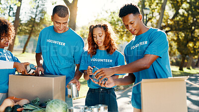 Buy stock photo People, volunteer and helping of donation at park for giving food, packing supplies and community aid. Staff, boxes and sorting products for charity outreach, teamwork and distribution of NGO welfare