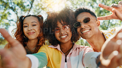 Buy stock photo Hangout, happy people and friends in park for selfie together for cool fashion, portrait or reunion. Gen z, social media influencer or men with women in nature for picture POV, vacation or holiday