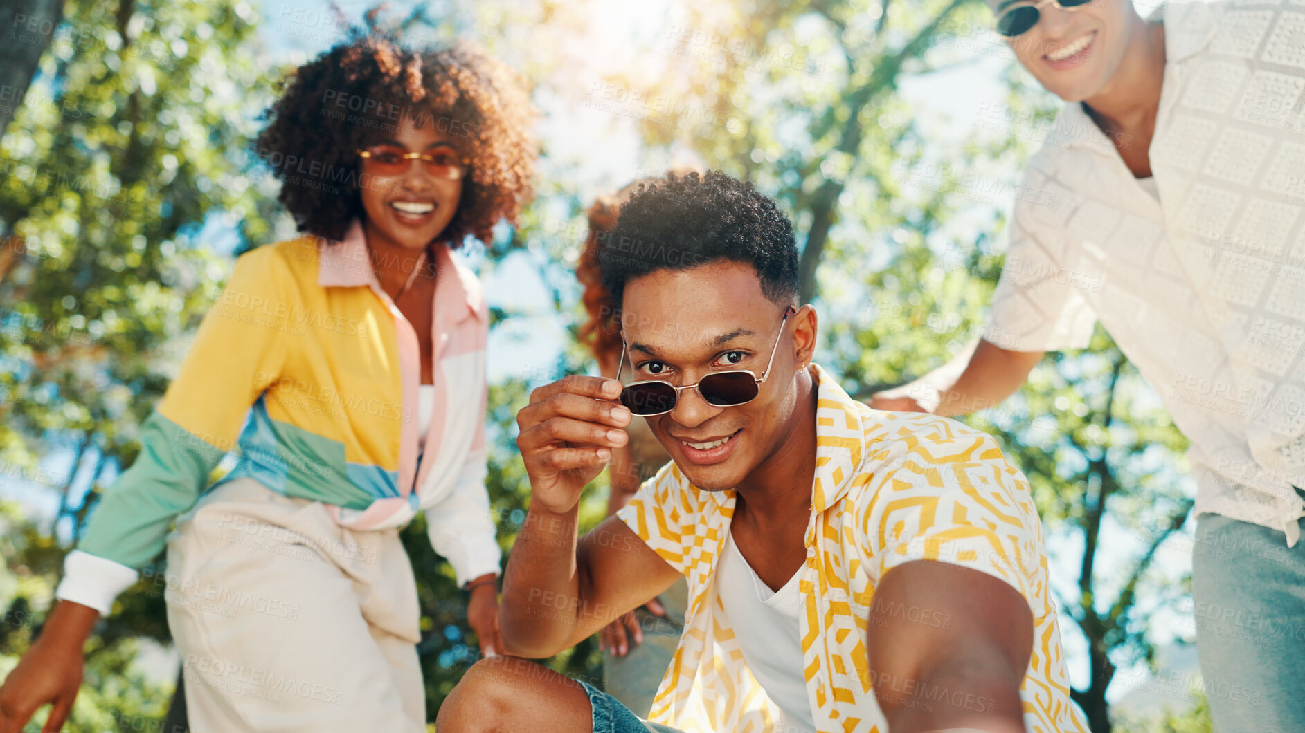 Buy stock photo Fashion, selfie or friends in nature for photograph together for cool style, portrait or reunion. Happy people, social media influencer or men with women in park for picture POV, bonding or holiday