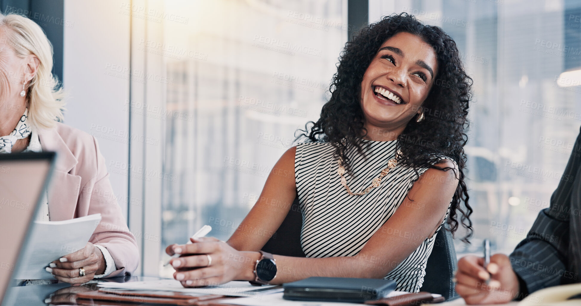 Buy stock photo Conversation, happy and businesswoman in meeting for laughing together, joke or planning. Corporate, collaboration and funny humor with employee friends talking in workplace for bonding or teamwork