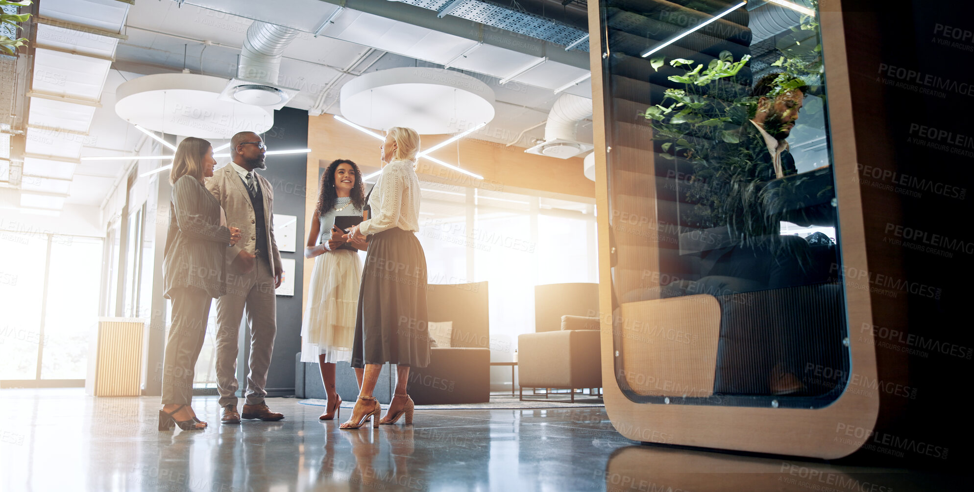 Buy stock photo Lobby, pod and business people in office for coworking space for collaboration, teamwork or discussion. Professional, corporate and men and women talking with cubicle for meeting in private workspace