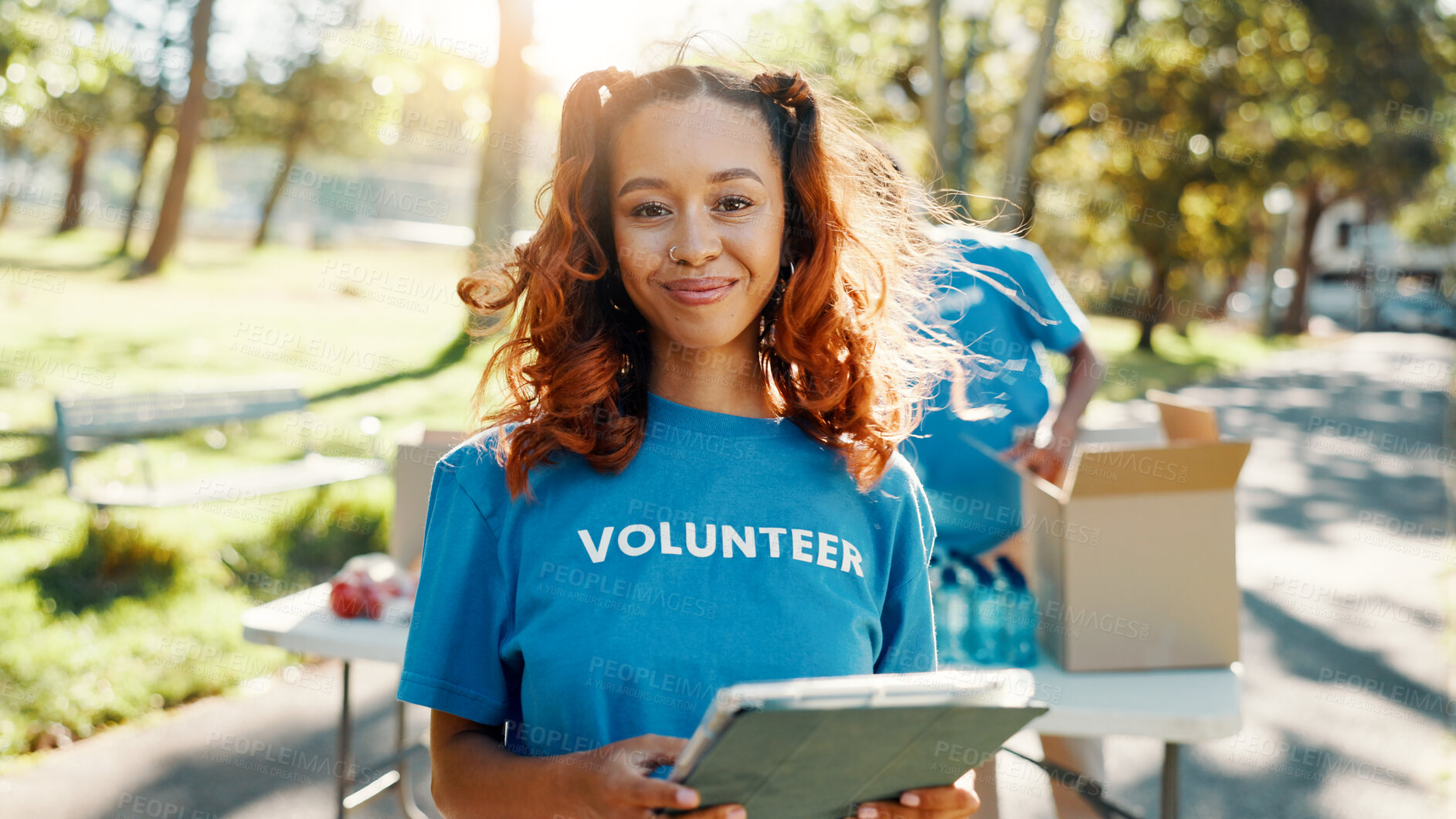 Buy stock photo Outdoor, woman and portrait of volunteer with tablet for checking food drive donation list. Confident, nature and female NGO worker with digital technology in park for nonprofit or charity event.