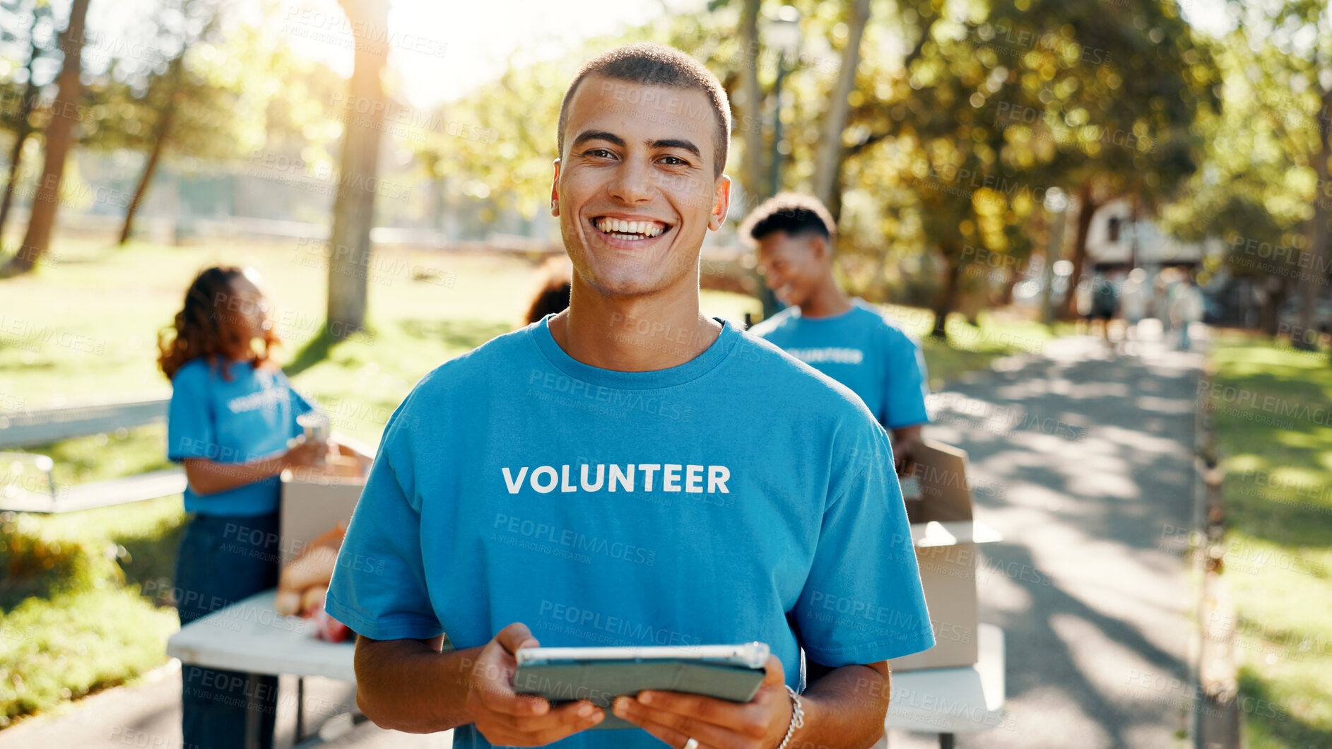 Buy stock photo Outdoor, man and portrait of volunteer with tablet for checking food drive donation list. Happiness, nature and male NGO worker with digital technology in park for nonprofit or charity event.