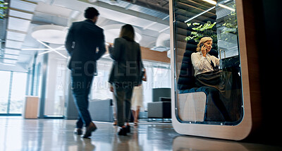 Buy stock photo Lobby, talking and business people with cubicle in office for coworking space for collaboration, teamwork and meeting, Professional, corporate and men and women in workspace pods for productivity