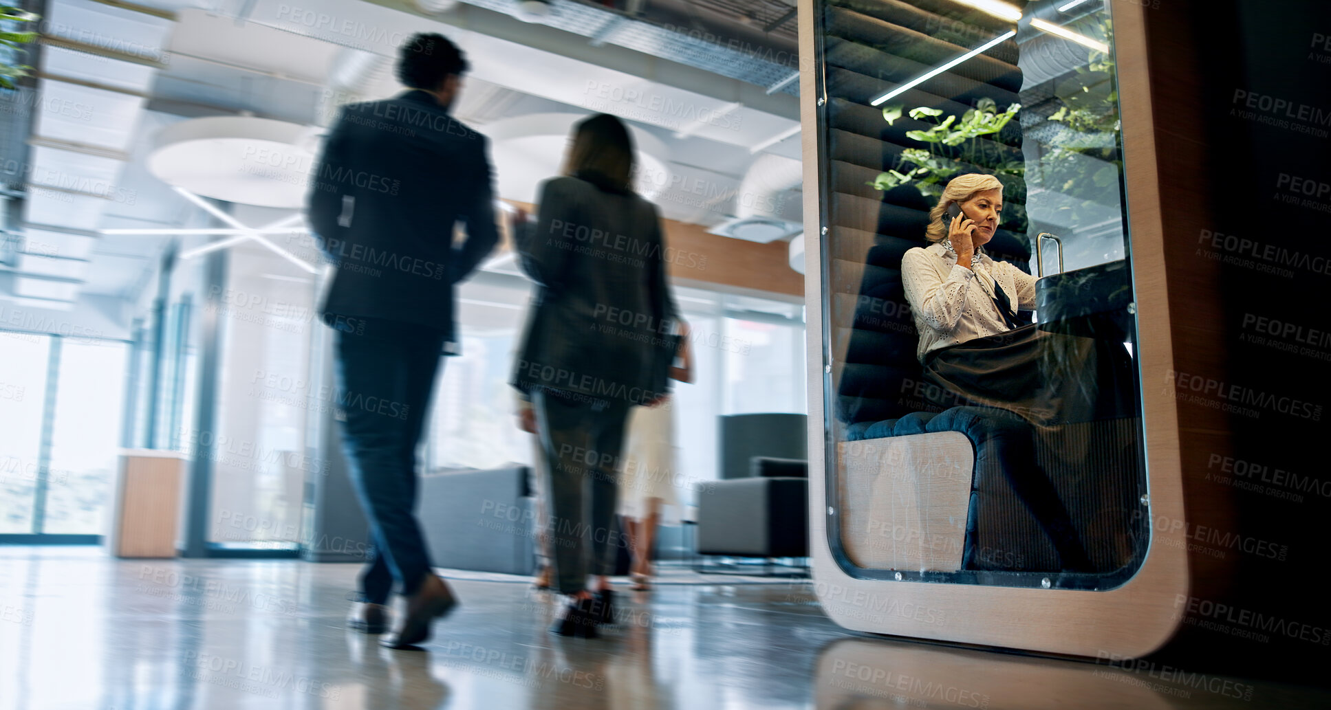 Buy stock photo Lobby, talking and business people with cubicle in office for coworking space for collaboration, teamwork and meeting, Professional, corporate and men and women in workspace pods for productivity