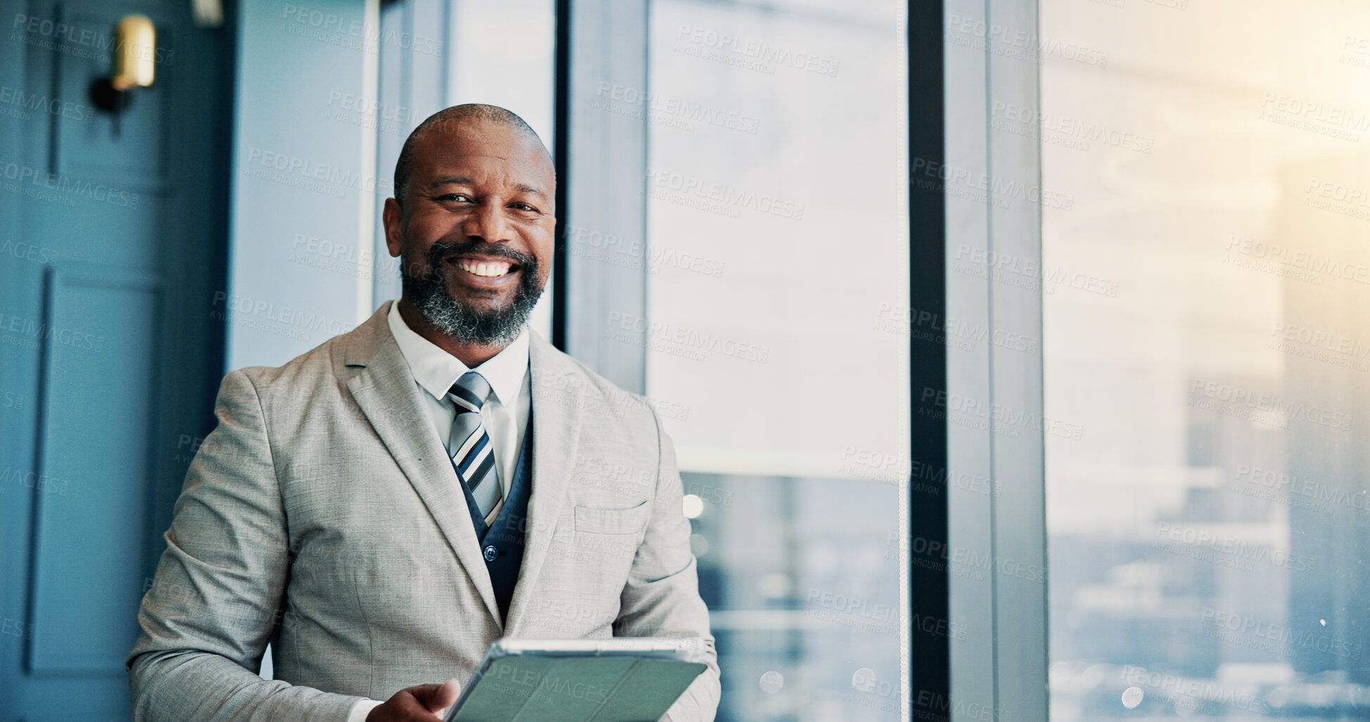 Buy stock photo Mature black man, tablet and lawyer in office, smile and portrait with contact for legal consultation. Person, attorney and advocate with touchscreen with app, lead and review at law firm in Nigeria