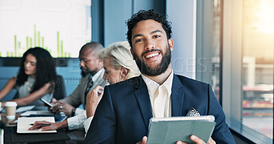 Buy stock photo Portrait, business and man in meeting on tablet as accountant, budget plan and financial report. Smile, person or digital for research, schedule update and investment feedback of negotiation proposal