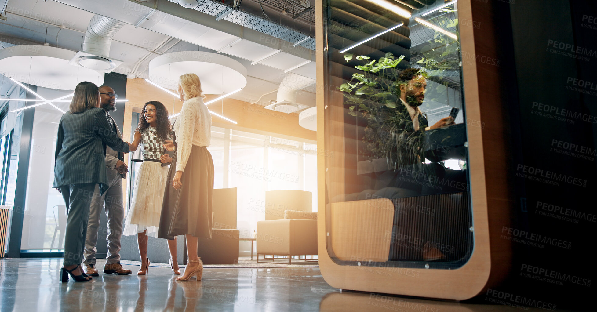 Buy stock photo Lobby, corporate and business people with cubicle in office for coworking space for collaboration, teamwork and meeting. Professional, discussion and men and women in workspace pods for productivity