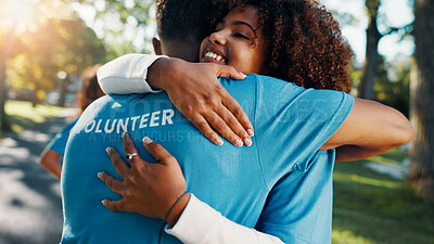 Buy stock photo Volunteer, smile and hug with people in park for recycle program, earth day or social responsibility. Environment, climate change and ngo with friends in nature for non profit, support or charity