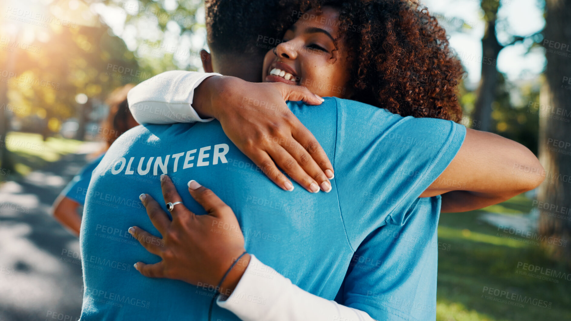 Buy stock photo Volunteer, smile and hug with people in park for recycle program, earth day or social responsibility. Environment, climate change and ngo with friends in nature for non profit, support or charity