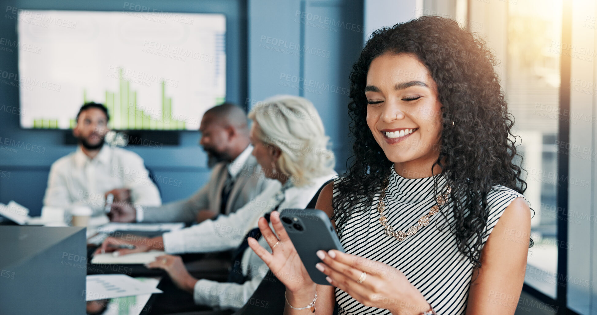 Buy stock photo Business meeting, phone and happy woman in office for online research, website and digital notes. Professional, corporate and worker on smartphone for planning, feedback and contact on mobile app