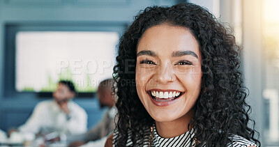 Buy stock photo Laughing, meeting and portrait of businesswoman in office with confidence for company budget planning. Happy, face and female financial manager with team for investment profit review in collaboration