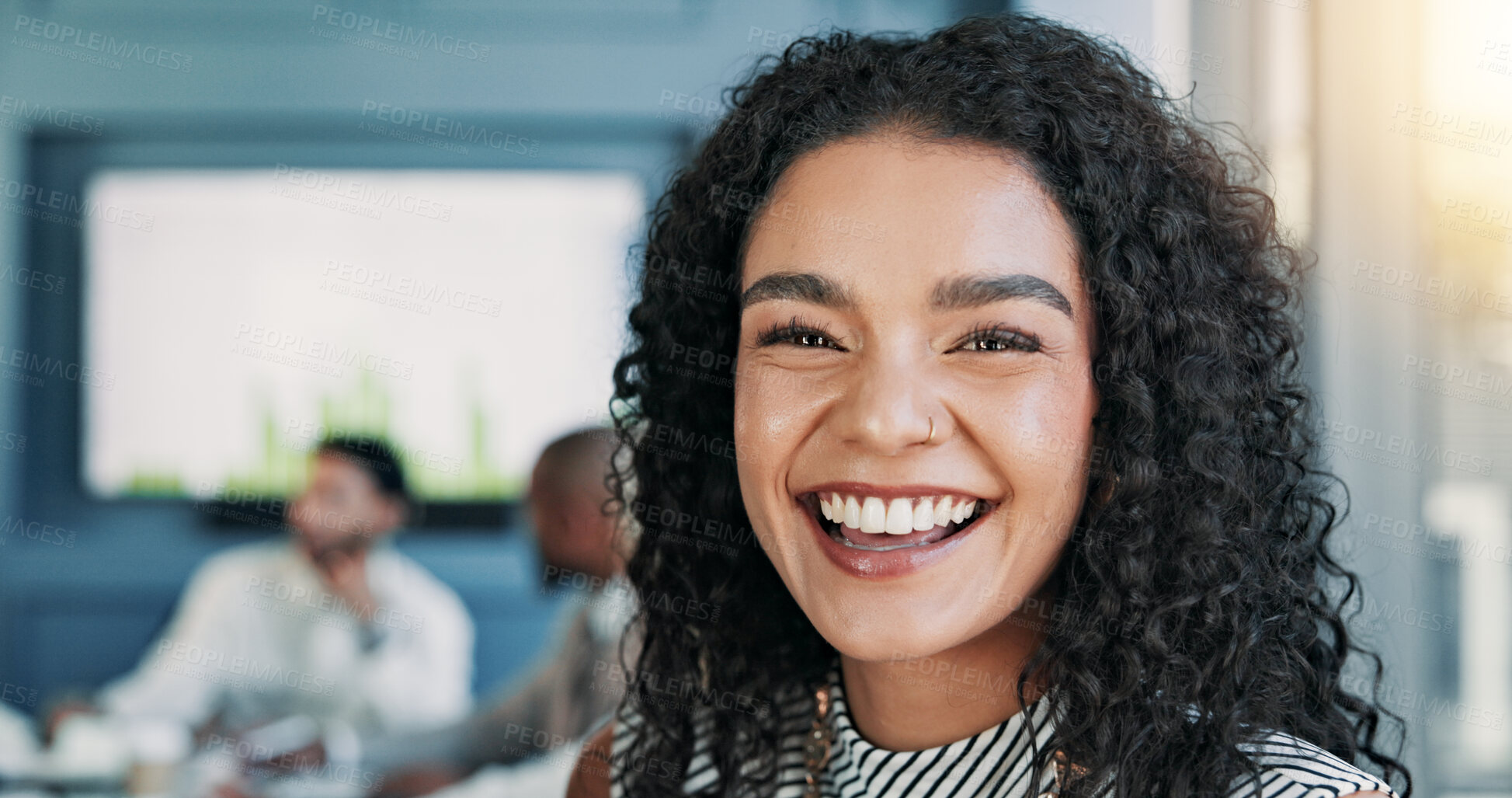 Buy stock photo Laughing, meeting and portrait of businesswoman in office with confidence for company budget planning. Happy, face and female financial manager with team for investment profit review in collaboration