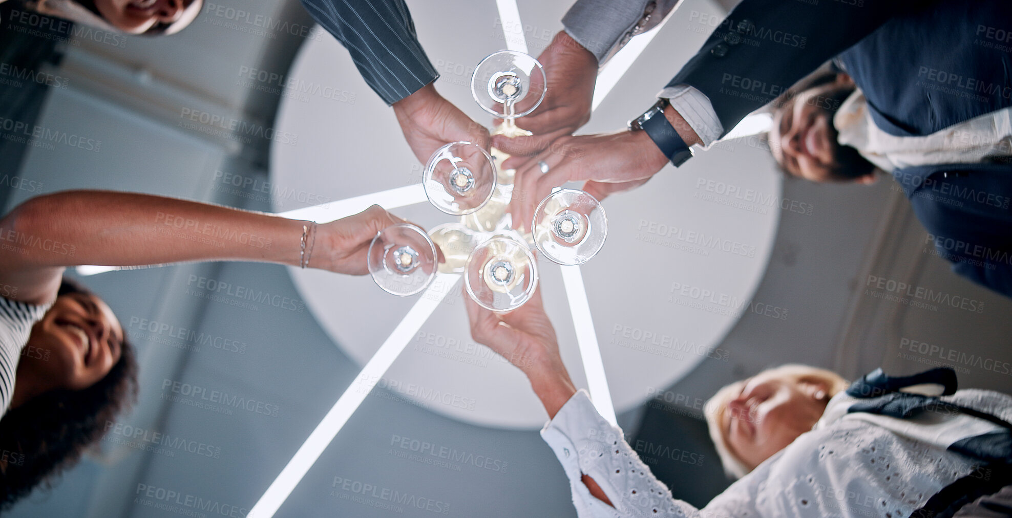 Buy stock photo Office, business people and hands with toast for celebration, startup success and social event. Low angle, employees and team with cheers for work goals, champagne glasses or party with alcohol drink