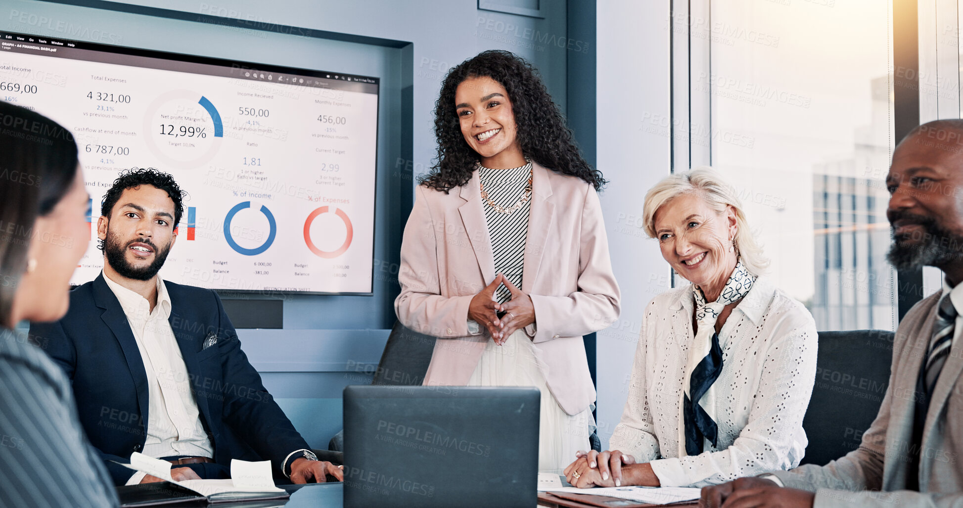 Buy stock photo Business people, laptop and meeting with proposal for company performance, report or review at office. Group, paperwork or analytics with graph, chart or project statistics for finance at workplace