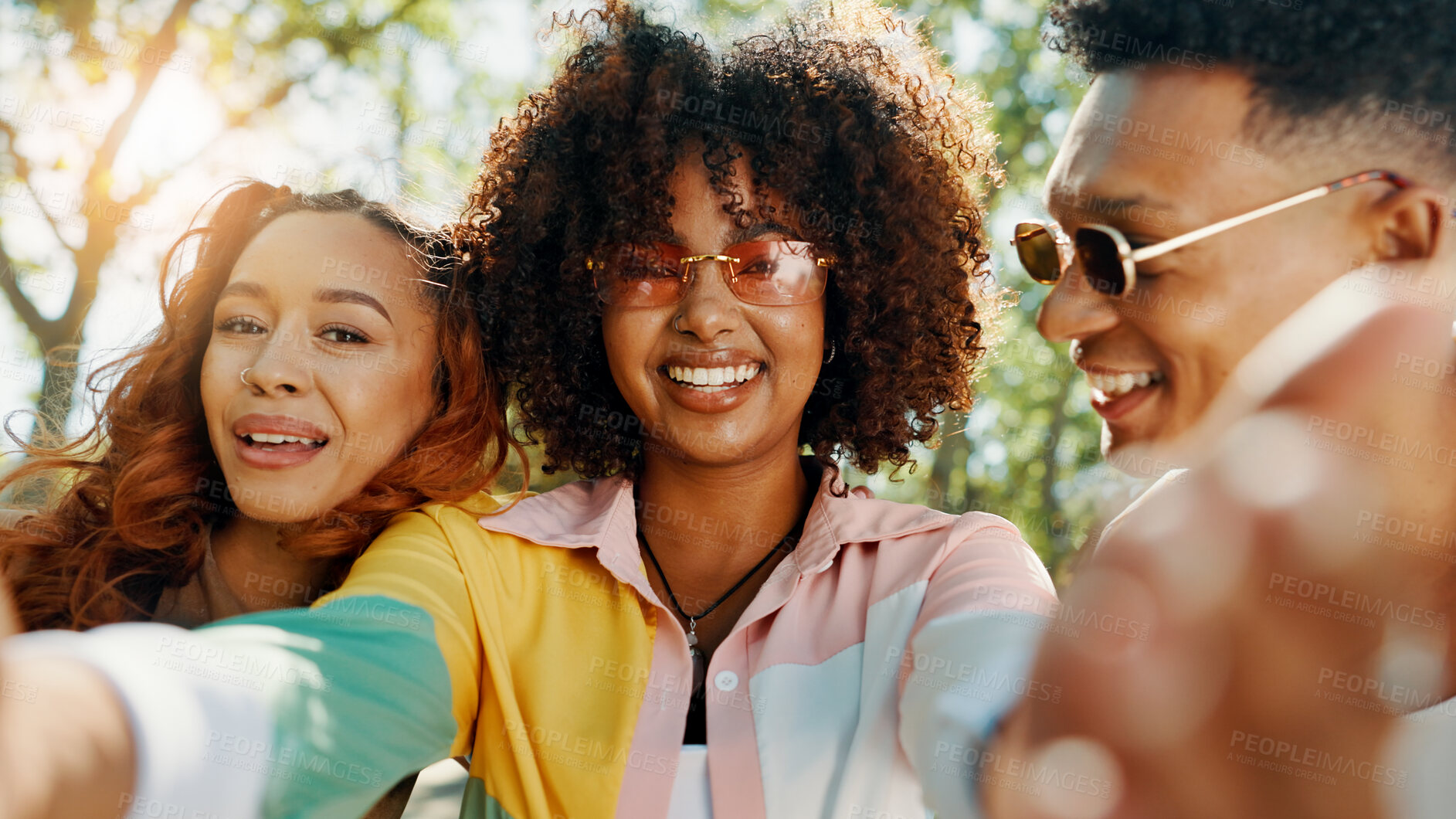 Buy stock photo Hangout, smile or friends in park for selfie together for cool fashion, bonding or reunion. Happy people, social media influencers or men with gen z women in nature for picture POV, vacation or style