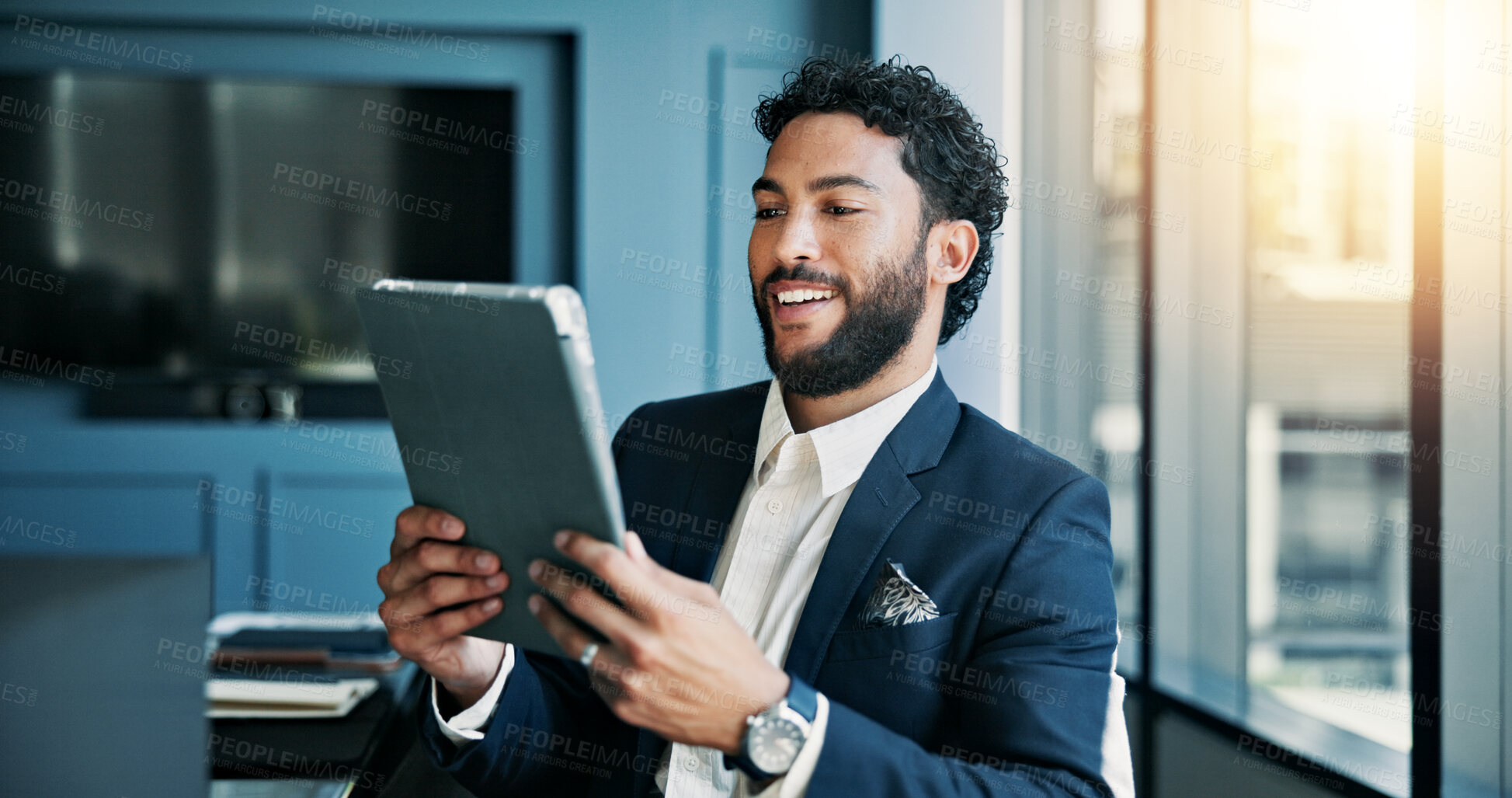 Buy stock photo Review, employee and man with tablet, business and checking stock market on web, online and digital. Office, sales manager and person with tech for industry trends, reading and performance of company