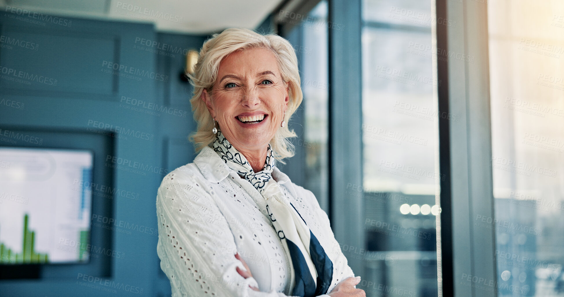 Buy stock photo Business CEO, woman and portrait with arms crossed in office for company management and finance development. Financial director, mature employer and happy for corporate confidence, pride and about us
