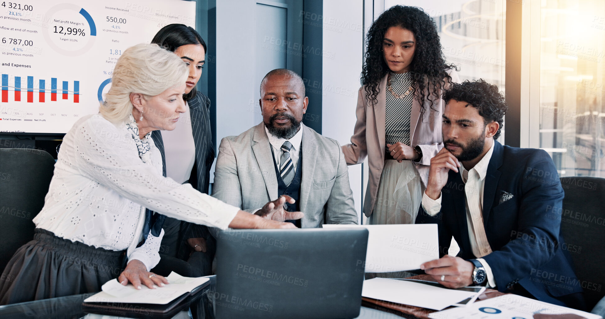 Buy stock photo Business people, laptop and meeting with group for company performance, report or review at office. Data, paperwork or analytics with graph, chart or project statistics for finance at workplace