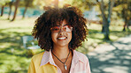 Park, woman and portrait with sunglasses for fashion, vacation holiday and cool with confidence. Nature, African female person and student on spring break with stylish outfit, adventure and smile