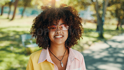 Buy stock photo Park, woman and portrait with sunglasses for fashion, vacation holiday and cool with confidence. Nature, African female person and student on spring break with stylish outfit, adventure and smile