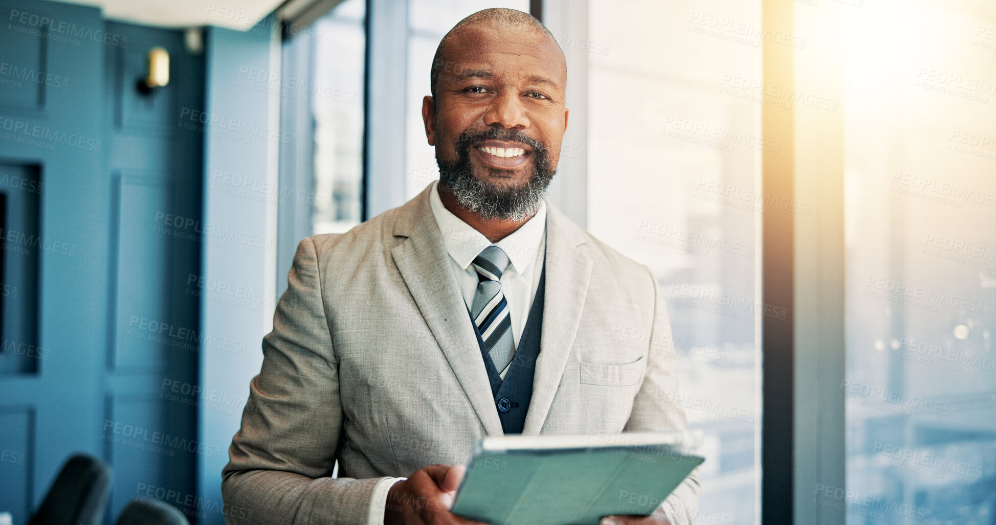 Buy stock photo African man, tablet and lawyer in office, smile and portrait with contact for legal consultation. Mature person, attorney and happy with touchscreen with app, lead and review at law firm in Nigeria