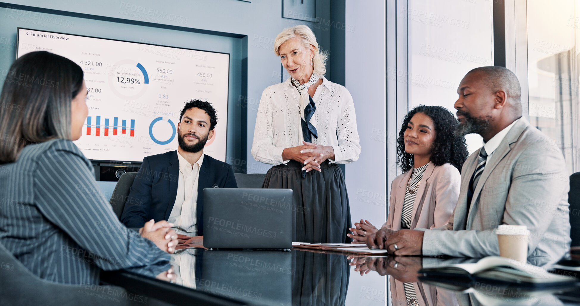 Buy stock photo Business people, laptop and meeting with proposal for company performance, report or review at office. Group, paperwork or analytics with graphs, chart or project statistics for finance workplace