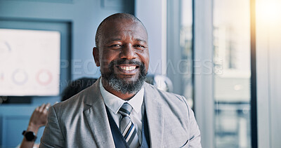 Buy stock photo Happy, portrait and mature businessman in office with confidence for company investment plan. Smile, face and African male financial investor with pride for profit, revenue or dividend in workplace.