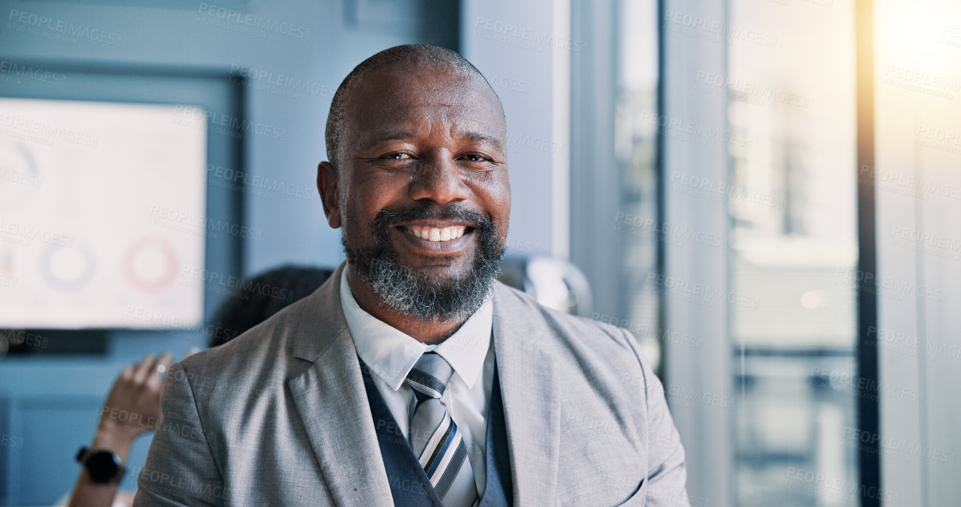 Buy stock photo Happy, portrait and mature businessman in office with confidence for company investment plan. Smile, face and African male financial investor with pride for profit, revenue or dividend in workplace.