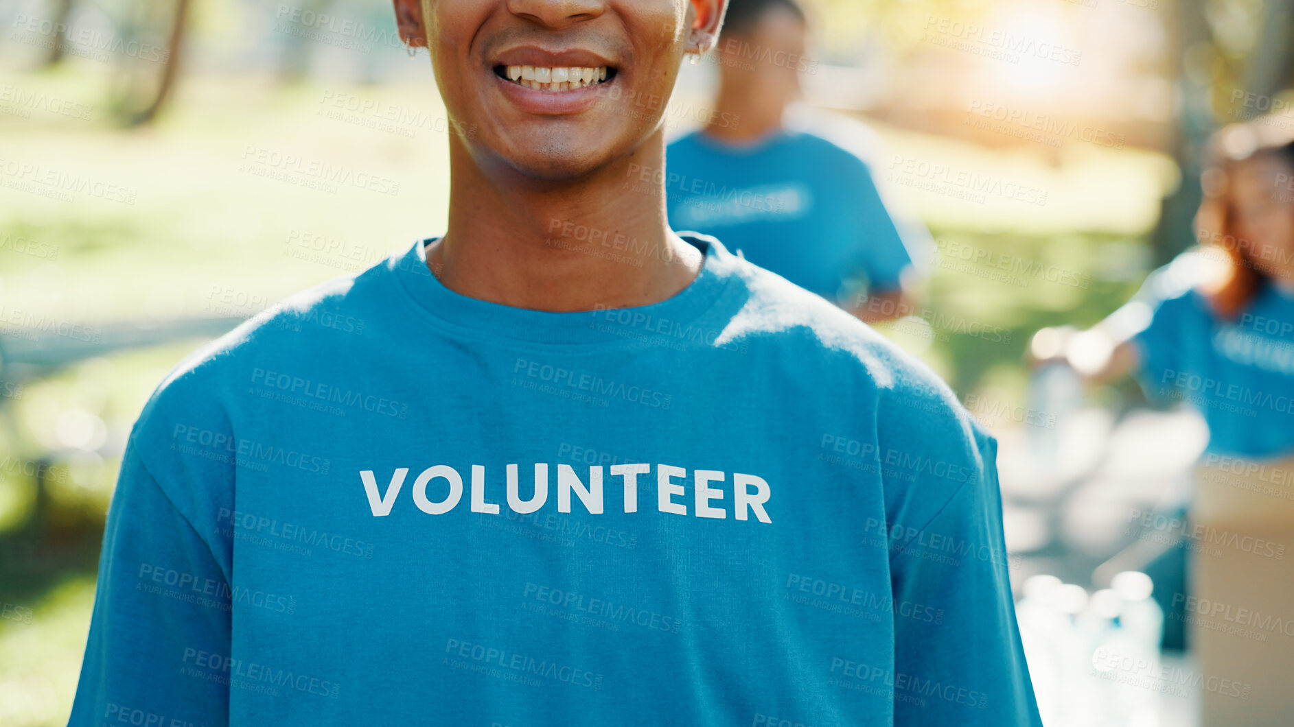 Buy stock photo Volunteer, smile and helping with man in park for recycle program, earth day or social responsibility. Environment, climate change and ngo with person in nature for non profit, cleaning or charity