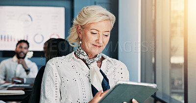 Buy stock photo Corporate, woman and tablet by window in office for research, communication and financial planning. Mature person, mobile and reading email of investment feedback, schedule update and b2b negotiation