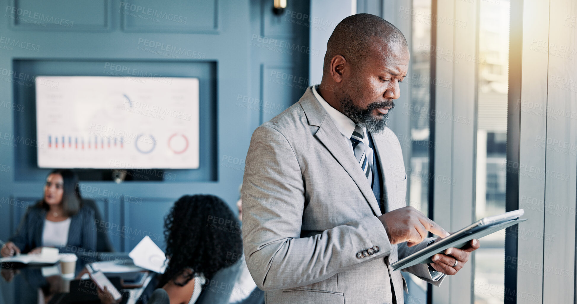 Buy stock photo Business, reading and mature man with tablet, meeting and review of stock market on website and serious. Office, people and account manager with tech for industry trends, online and stats of company