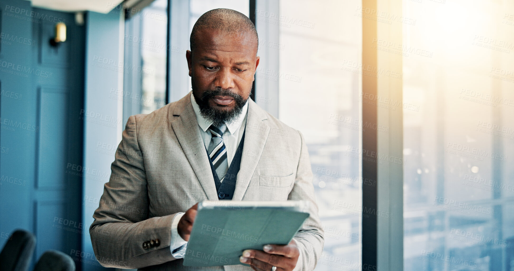 Buy stock photo Business, online and mature man with tablet, digital or checking stock market on web or review. Office, sales manager and black person with tech for industry trends, reading or performance of company