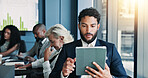 Meeting, colleagues and man with tablet, boardroom and review of stock market on web, online and digital. Office, people and sales manager with tech for industry trends, reading and stats of company