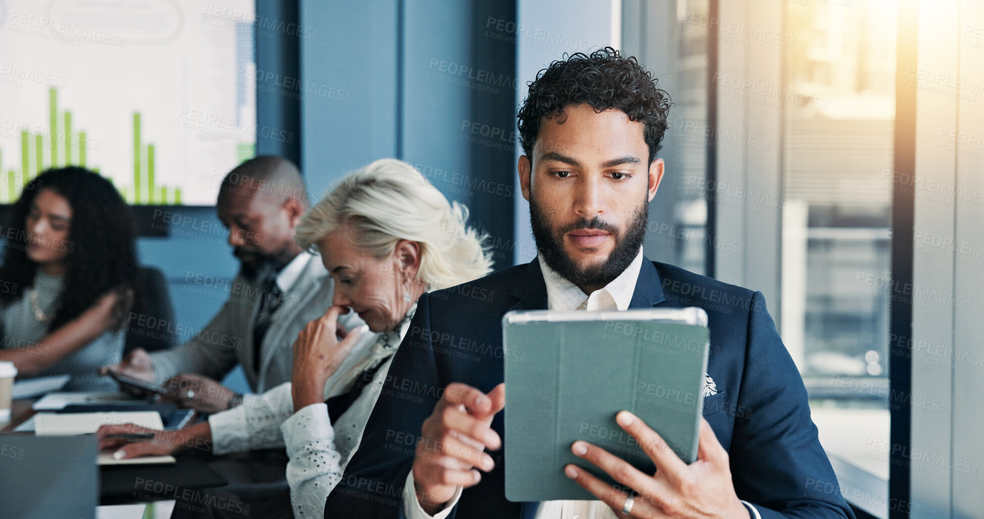 Buy stock photo Business, online and man with tablet, browsing and review of stock market on website and colleagues. Office, people and sales manager with tech for industry trends, reading and stats of company
