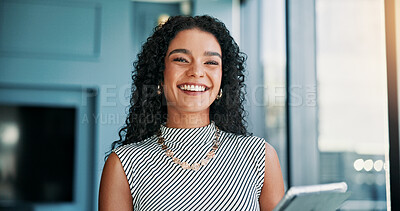 Buy stock photo Happy, confident and portrait of businesswoman in office with tablet for company budget planning. Smile, face and female financial manager with digital technology for investment profit review.