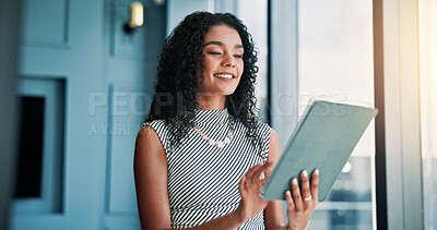 Buy stock photo Smile, business and woman on tablet in office for research, budget plan and financial report. Female person, digital and communication, schedule update and investment feedback for finance opportunity