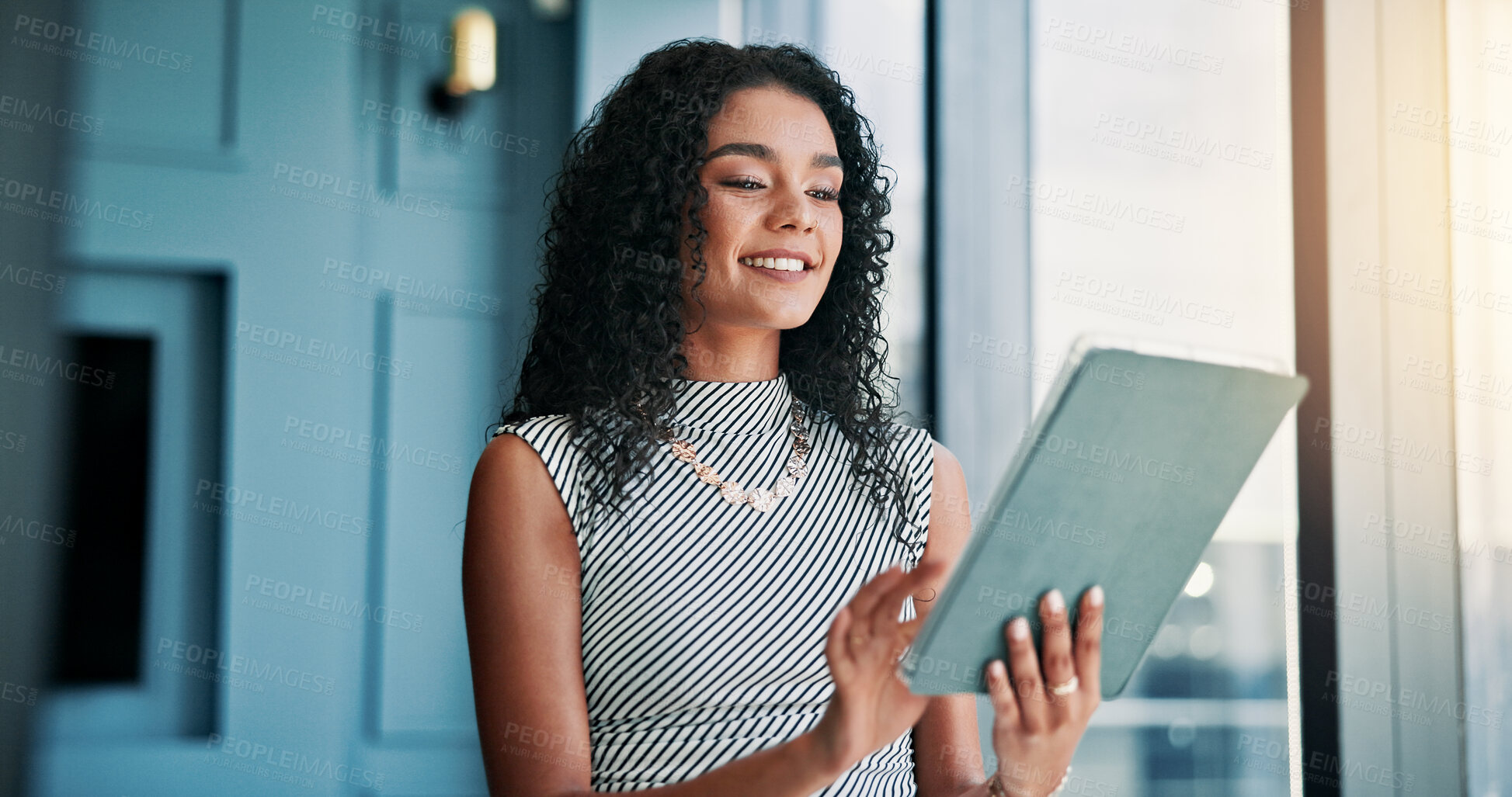 Buy stock photo Smile, business and woman on tablet in office for research, budget plan and financial report. Female person, digital and communication, schedule update and investment feedback for finance opportunity