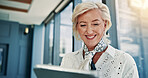 Tablet, happy and mature businesswoman in office reading email for investment profit report. Communication, good news and female financial investor with digital technology for company revenue review.