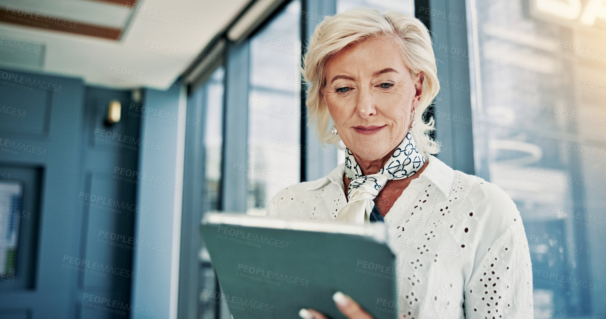 Buy stock photo Mature, business and woman on tablet in office for research, budget plan and financial report. Female person, digital and communication, schedule update and investment feedback of finance negotiation