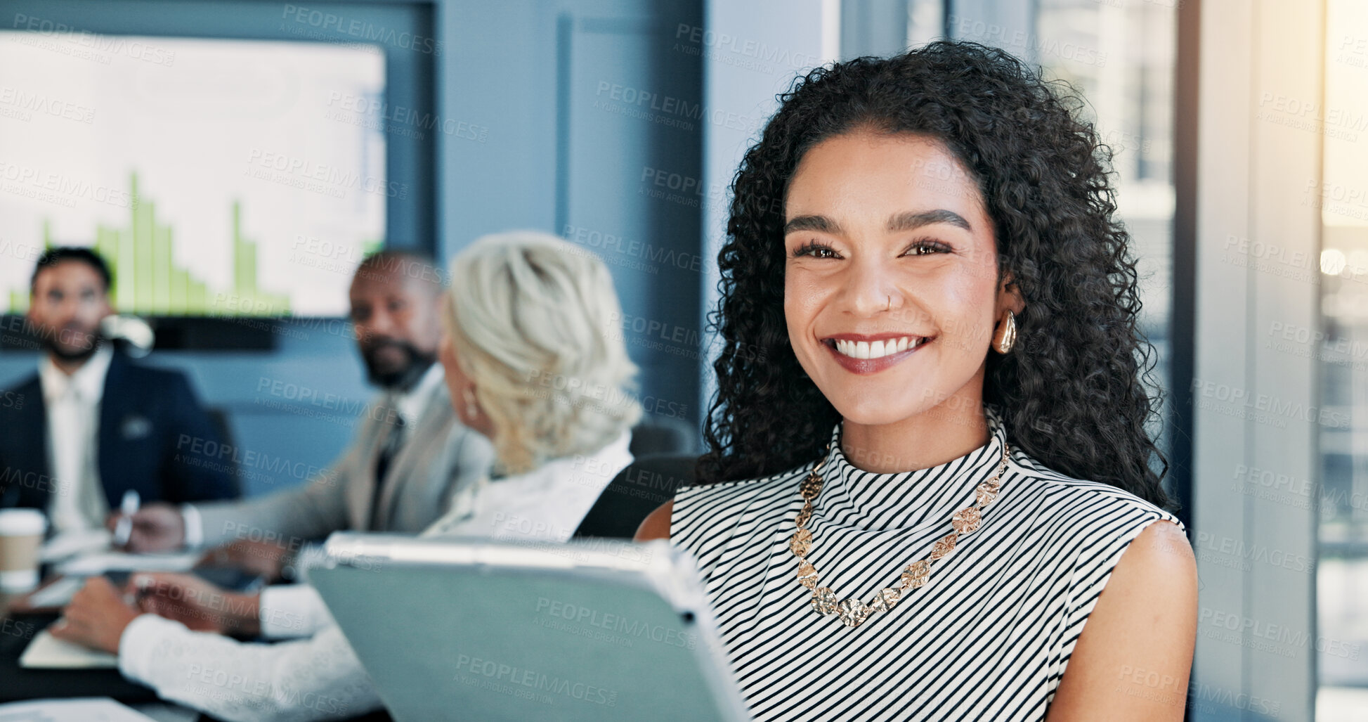 Buy stock photo Business, woman and portrait on tablet in office for about us, budget plan and financial report. Smile, female investor or digital for research, schedule update and investment feedback of negotiation