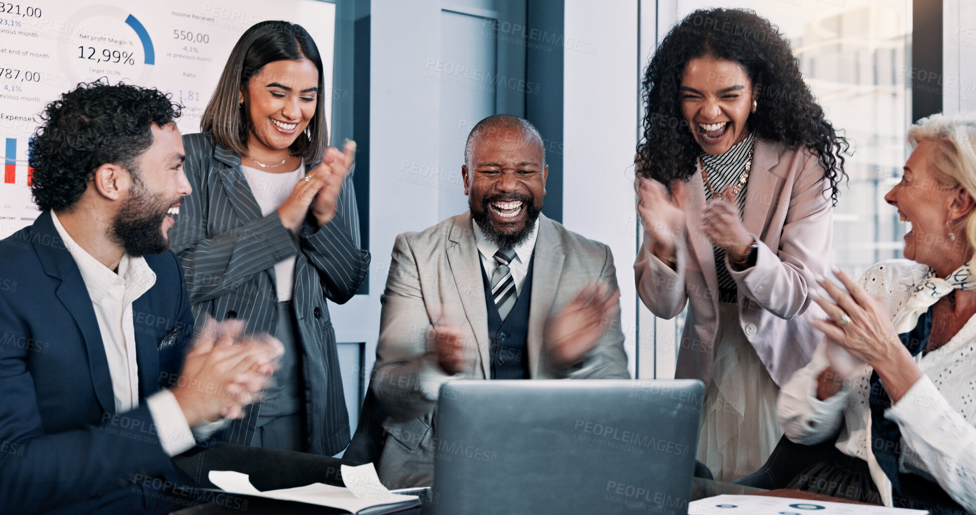 Buy stock photo Business people, laptop and meeting with celebration for company performance, report or review at office. Group, applause and analytics with graph, chart or project statistics for finance success