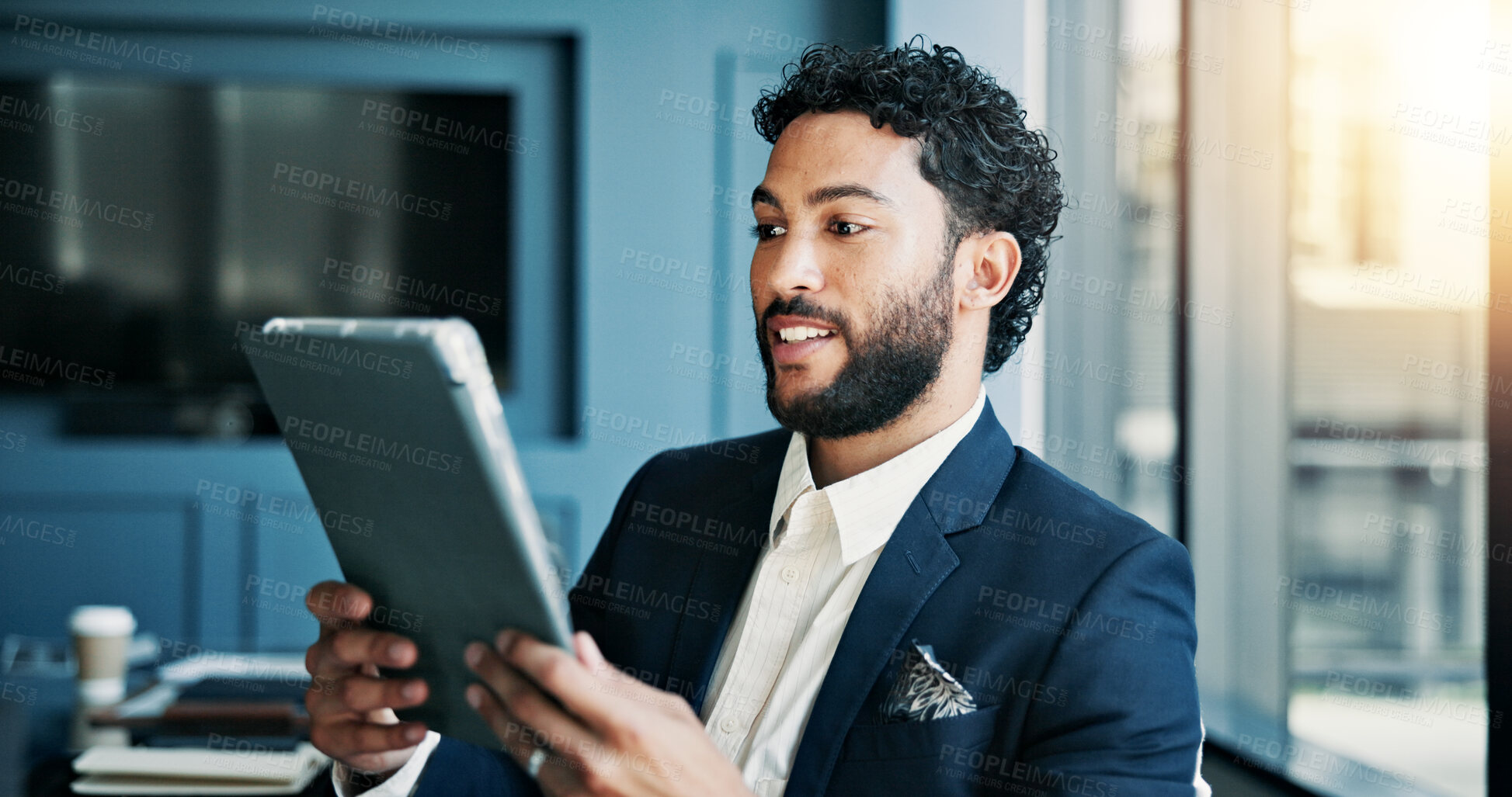 Buy stock photo Happy, employee and man with tablet, business and checking stock market on web, online and digital. Office, sales manager and person with tech for industry trends, reading and performance of company