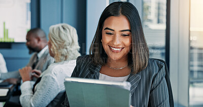 Buy stock photo Smile, corporate and woman on tablet in office as accountant, budget plan and financial report. Happy, person and digital for research, schedule update and investment feedback of negotiation proposal