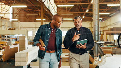 Buy stock photo Production, carpenter or people on tablet in workshop for factory, check inventory or furniture manufacturing. Woodworking, carpentry and online update for timber, lumber and construction business