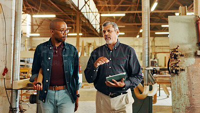 Buy stock photo Talking, carpenter or people on tablet in workshop for factory, check inventory and furniture manufacturing. Woodworking, carpentry and online update for timber, lumber and construction business 